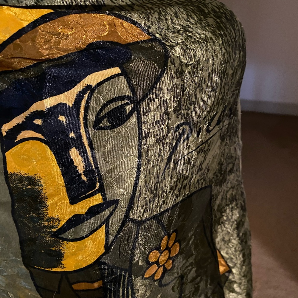 Abstract Art Print Silk-Look Scarf in Olive, Mustard & Black - Picture 2 of 3